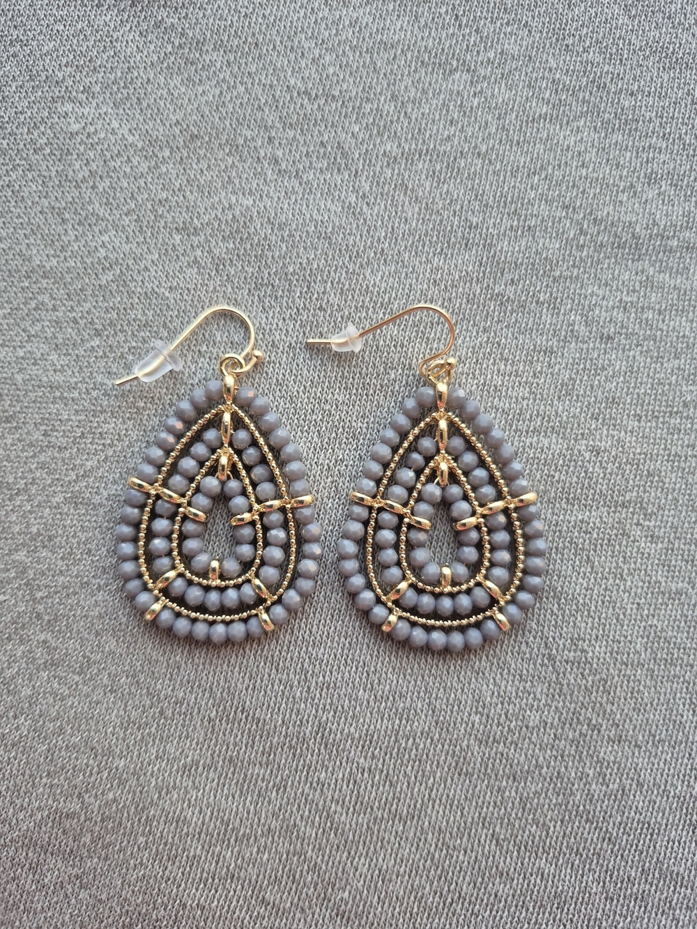 Gray Beaded Teardrop Earrings with Gold Accents